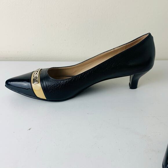 Brighton Black Leather Pointed Toe Pumps Kitten Heels Gold Trim Size 7.5 - Picture 15 of 15